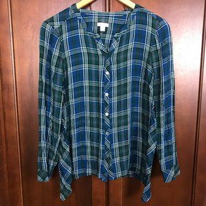 J Jill Plaid Flannel Button Down Shirt Blue Teal Blouse Top Long Sleeve Size S